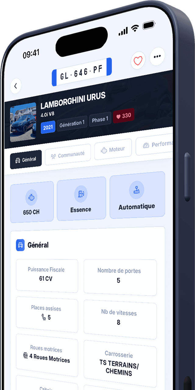 Aperçu de l’application Immat Scanner sur smartphone, fiche technique d’une Lamborghini Urus
